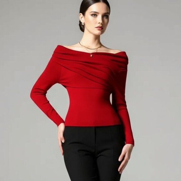 NWT REVOLVE & MINIMALIST lovers COMMENSE draped off shoulder red sweater… - Picture 1 of 8